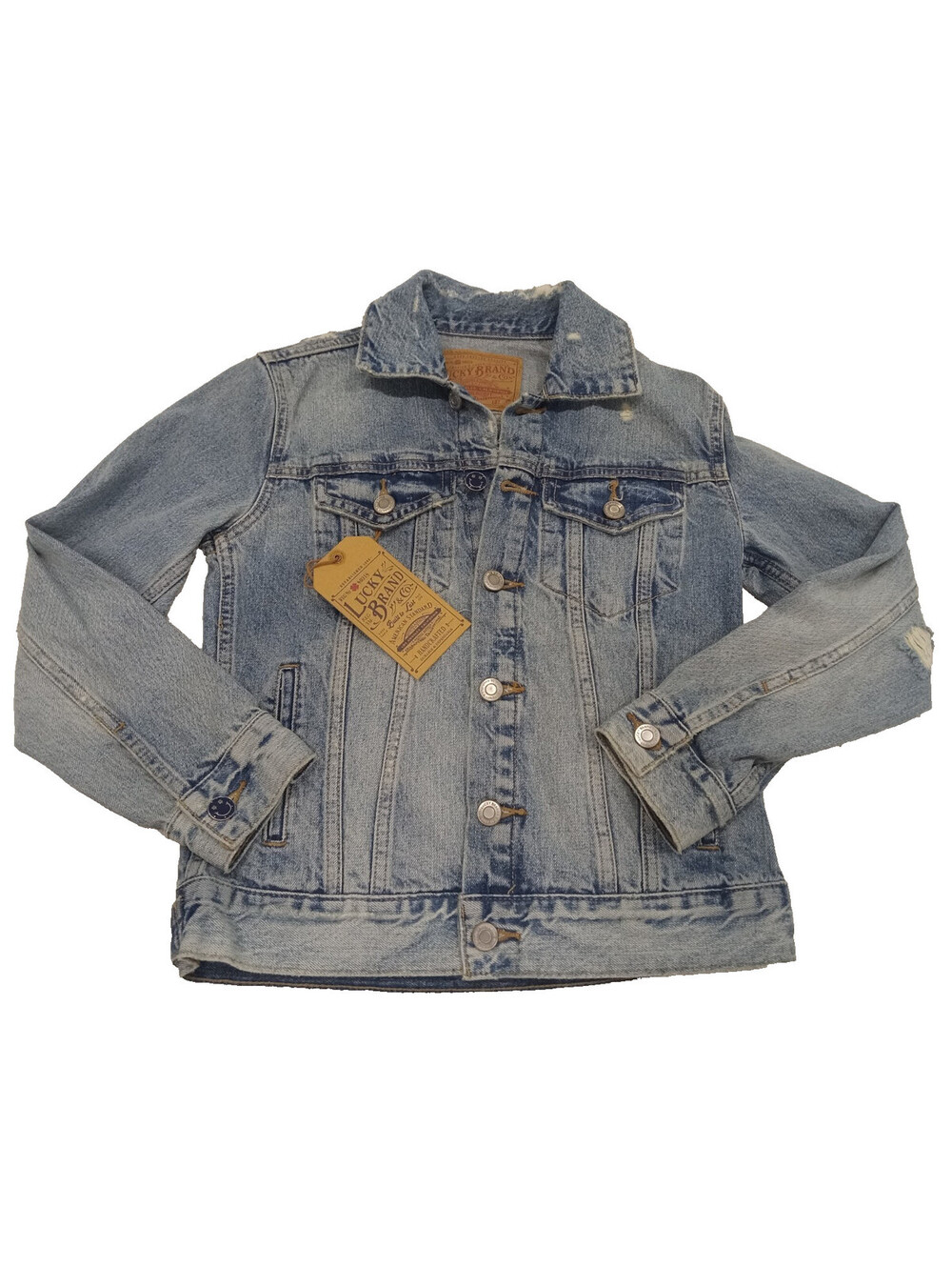Lucky Brand Denim Jacket Womens XXS Light Wash Chenille Smiley Face Patch NWT